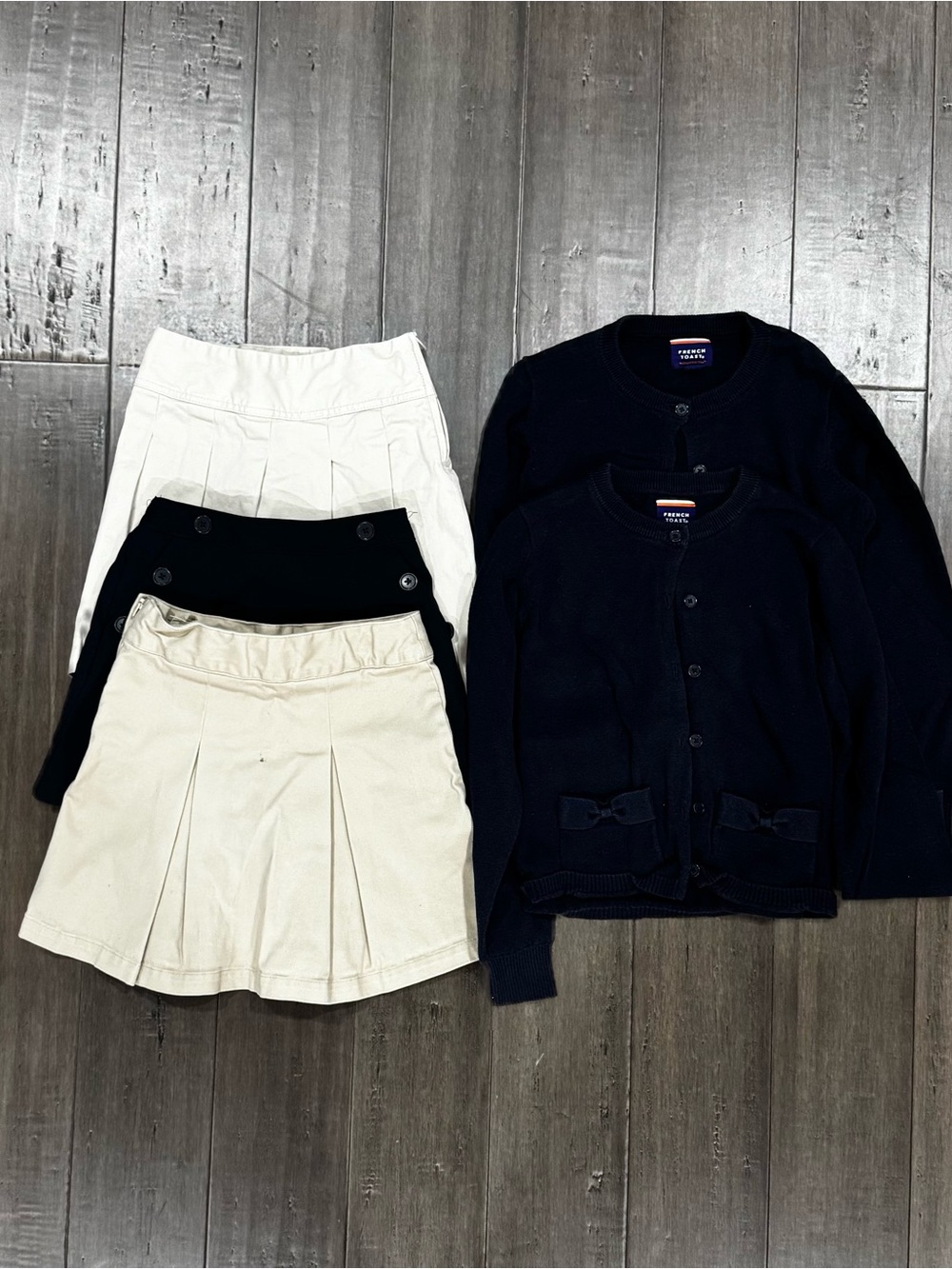 Girls School Uniform Pleated Kaki Skirt and Navy- Two School Sweaters